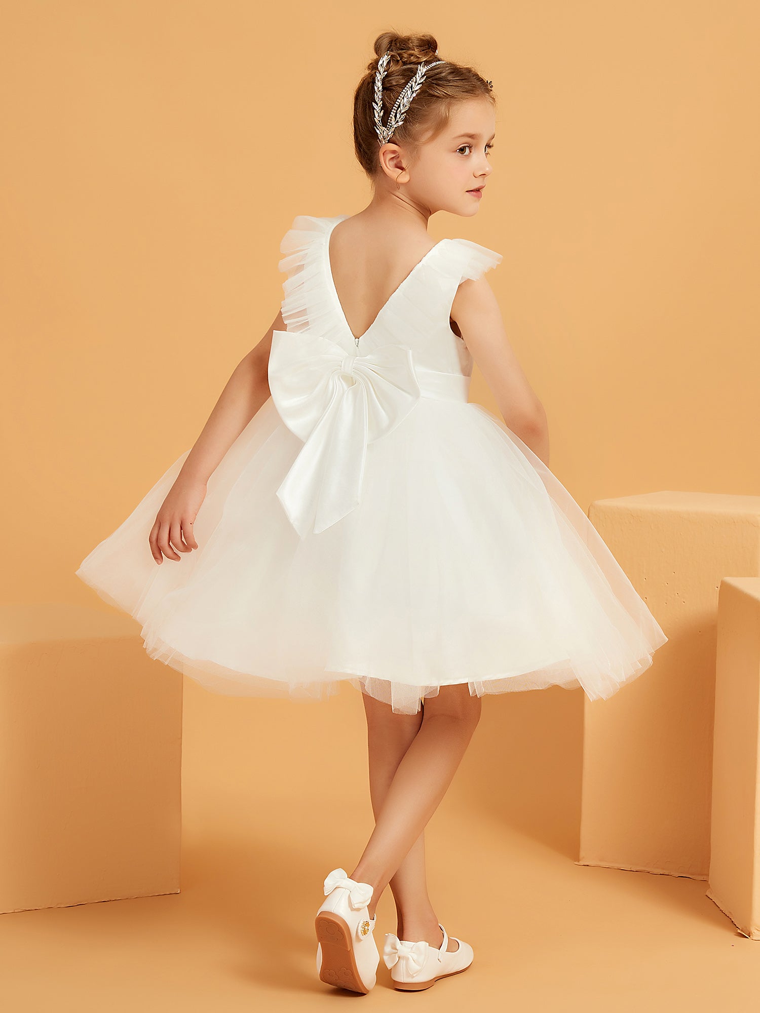 A-line Flutter Sleeves Flower Girl Dress with Satin Bow